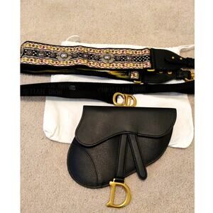 Authentic Christian Dior Saddle Belt Bag with Embroidered Canvas Strap